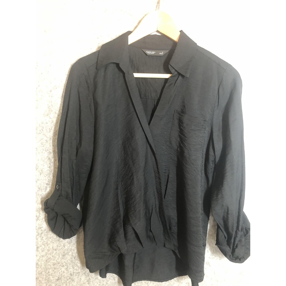 Simply Vera Vera Wang Blouse Womens Small Black Crinkle Tunic Roll Tab Sleeve